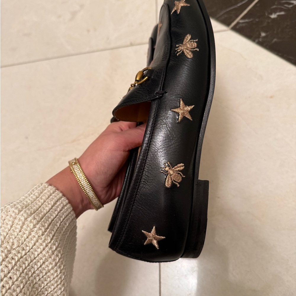 Gucci Black Leather Horsebit Loafers with Gold Embroidered Stars & Bees - Picture 4 of 7
